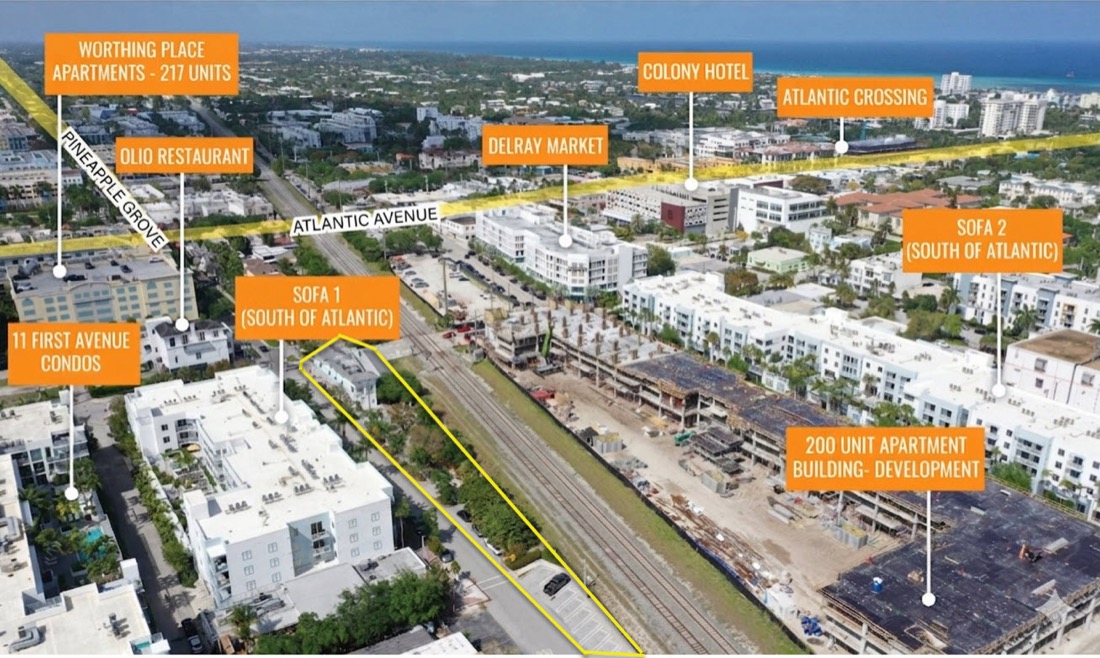 Aerial of downtown Delray Beach showing Atlantic Avenue, Pineapple Grove and 101 SE 2nd Avenue